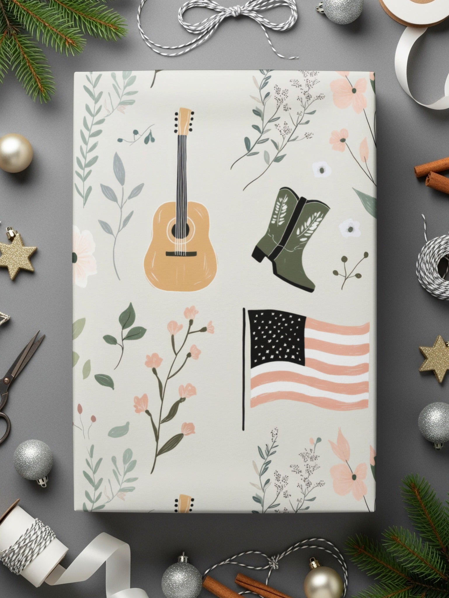 Guitar Boots and Flag Pattern Wrapping Paper