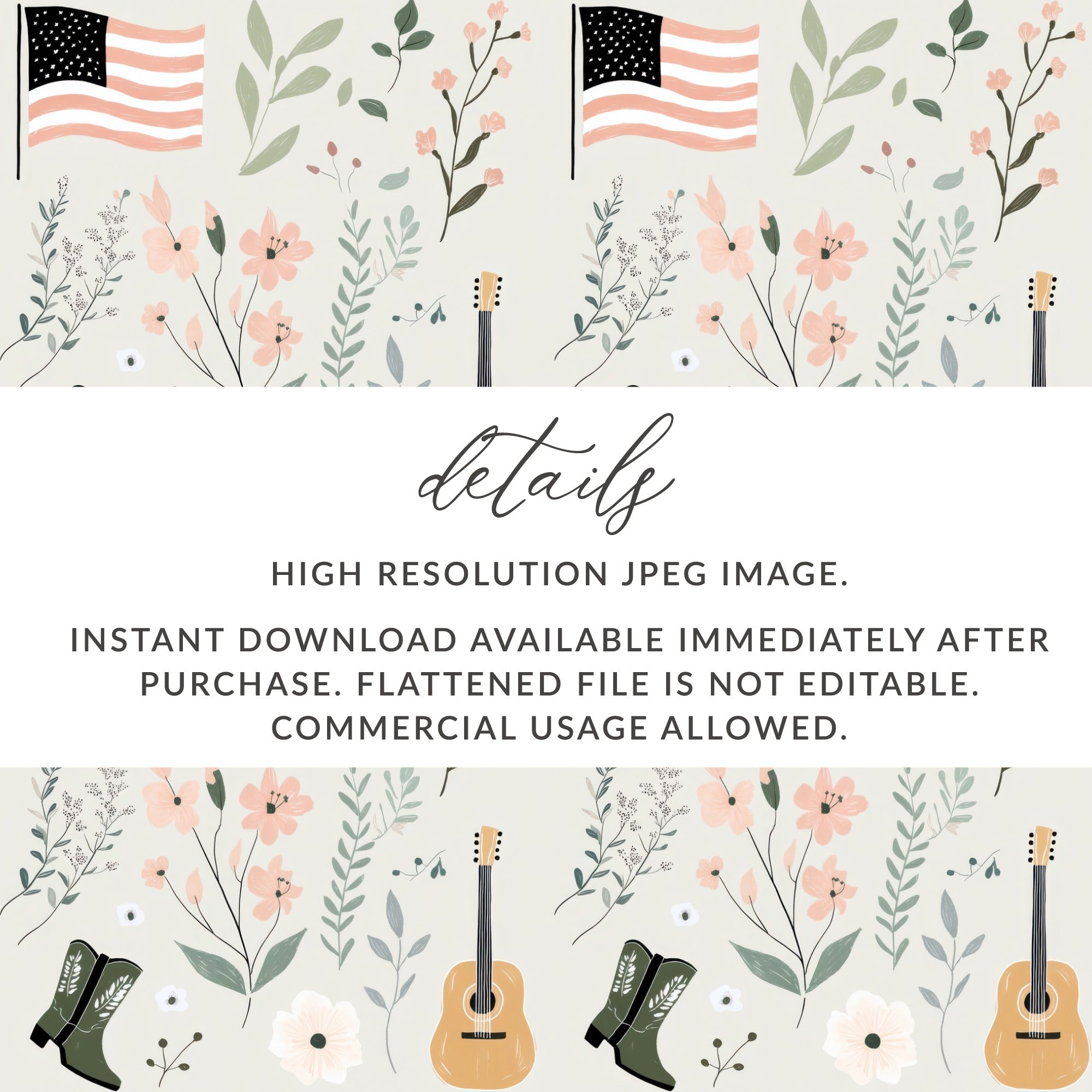 Floral American Flag Guitar Boots Instant Download Image
