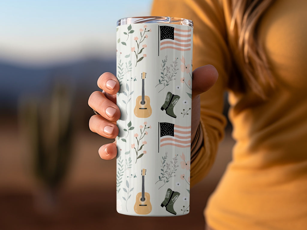 Rustic Western Pattern Tumbler with Guitar and Boot Design