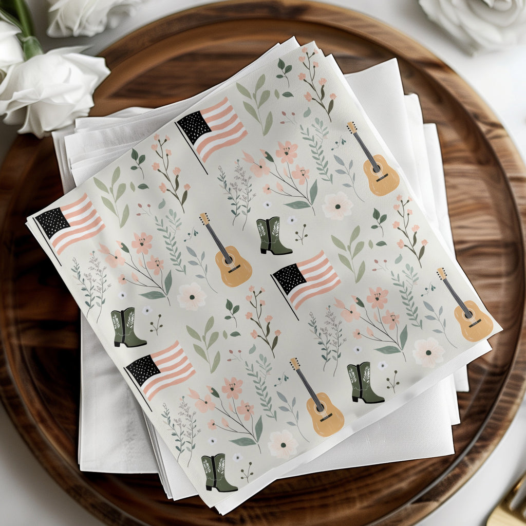 American Flag Guitar Boot Floral Design Paper Napkins