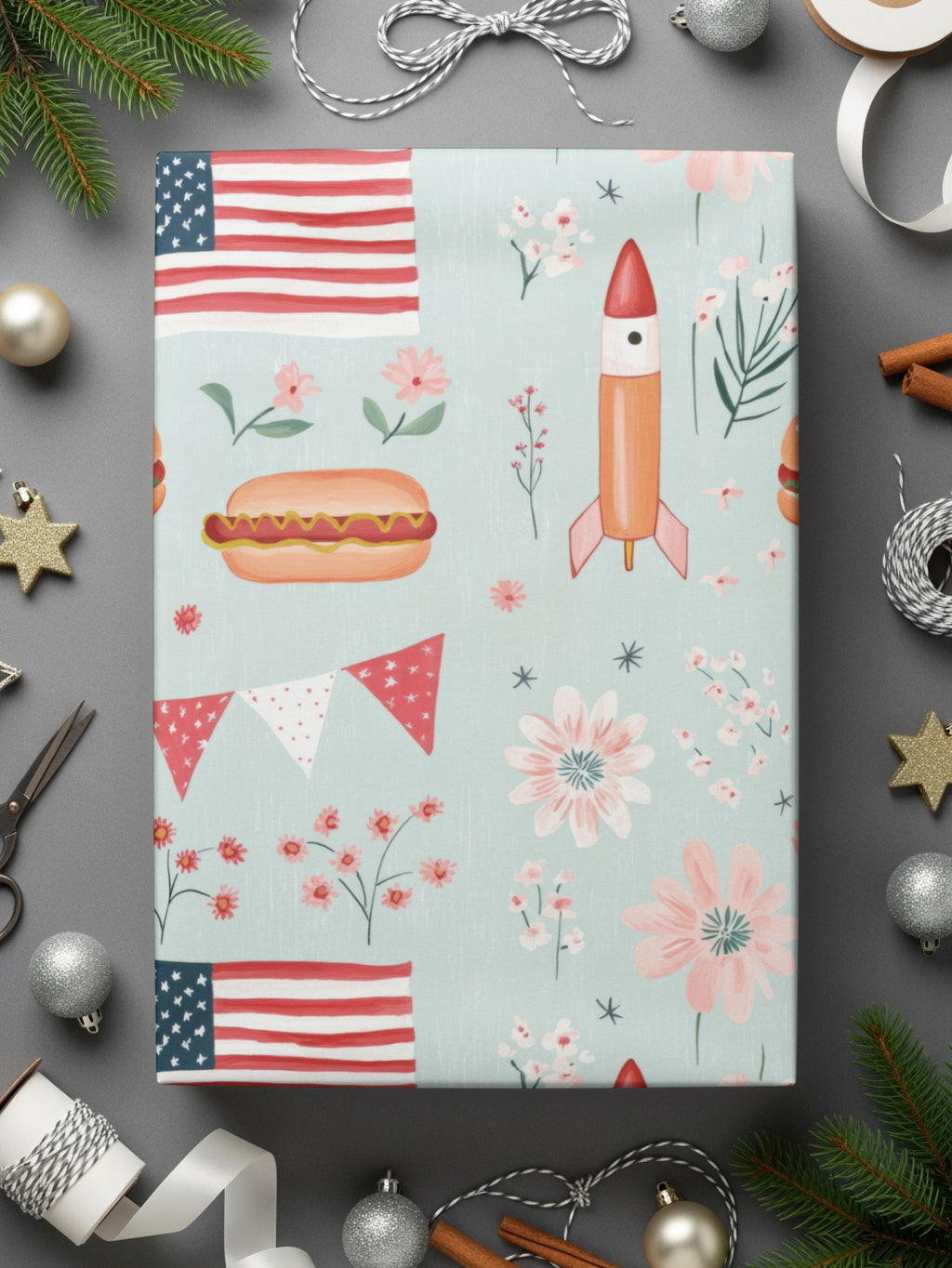 Festive American Flag and Rocket Design Wrapping Paper