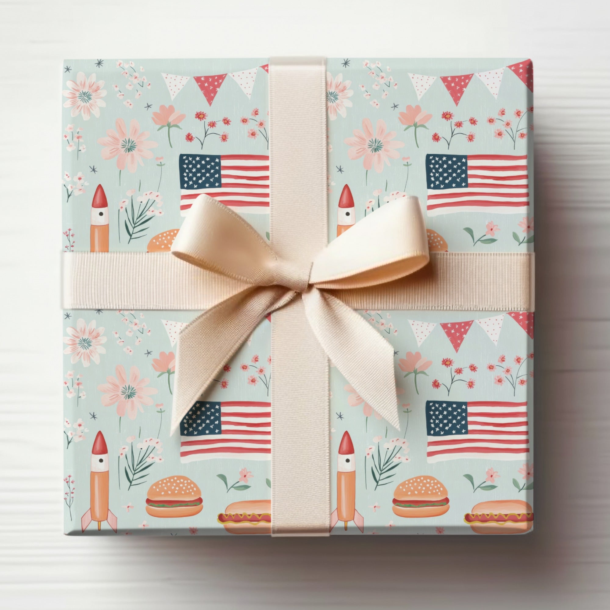 Decorative American Flag and Floral Gift Wrap Paper