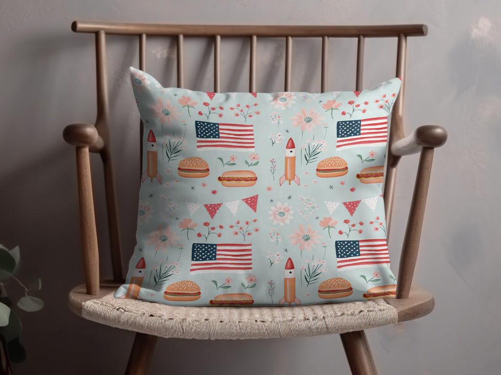 American Flag Rocket and Burgers Themed Pillow