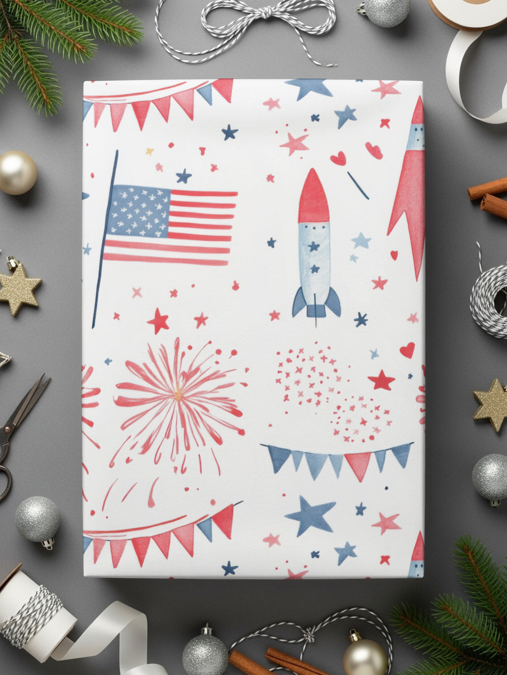 Festive Patriotic Wrapping Paper with Fireworks Design