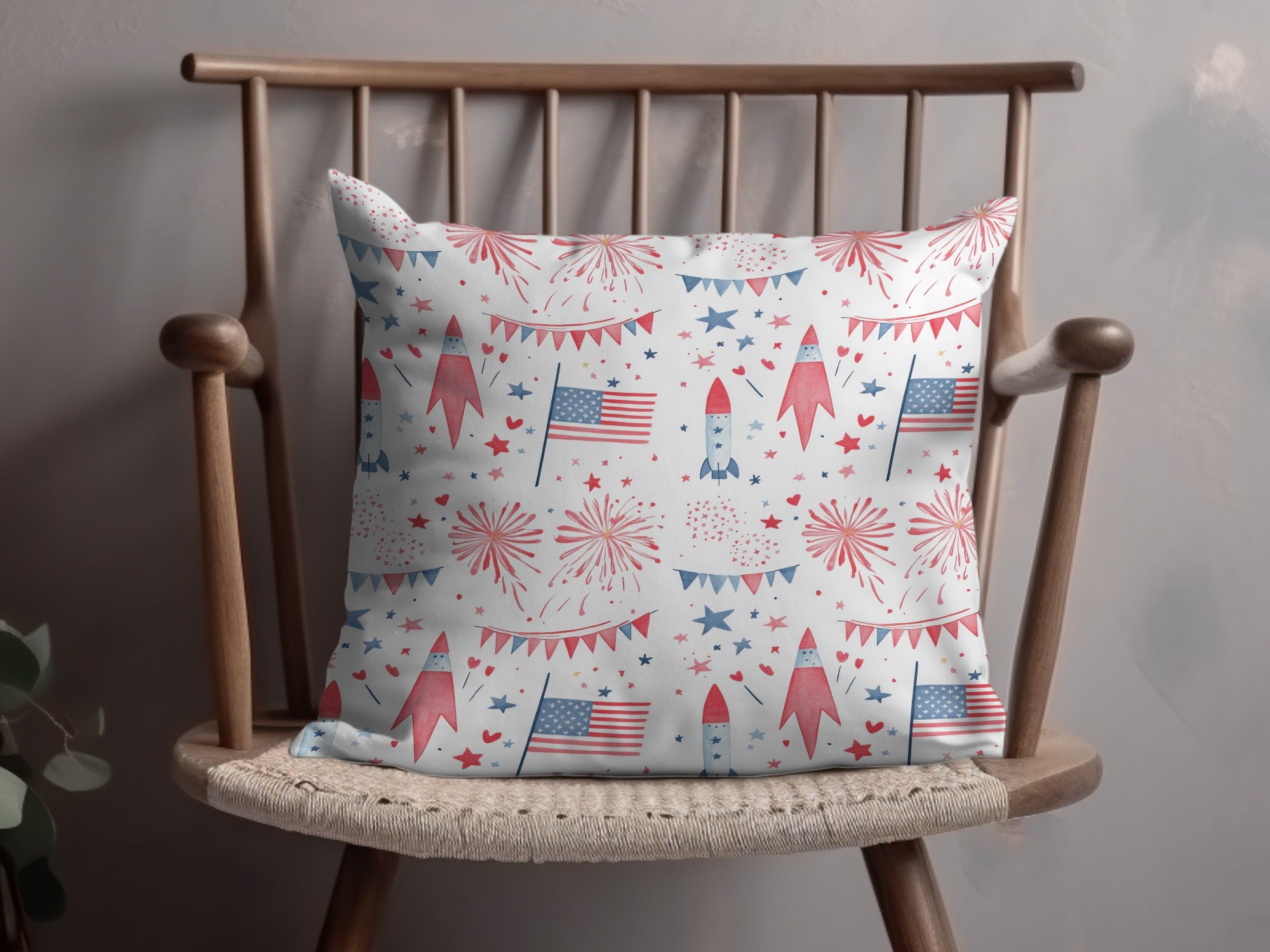 Festive American Flag and Fireworks Pattern Pillow