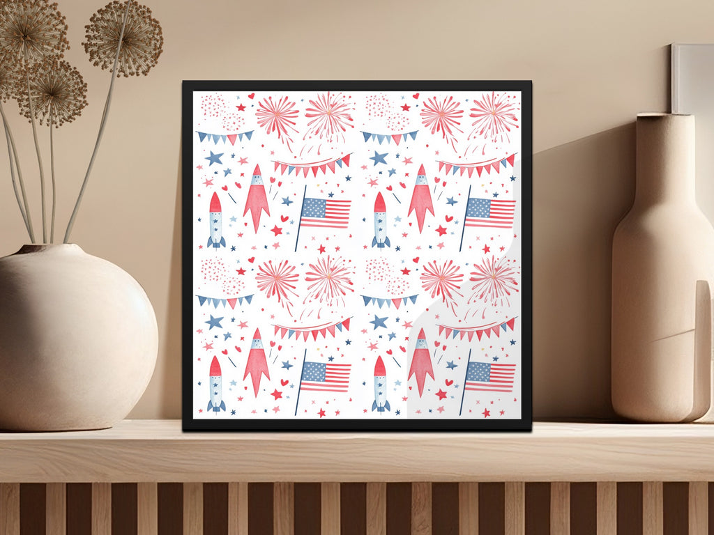 Festive Rockets and Flags Print with Fireworks Artwork