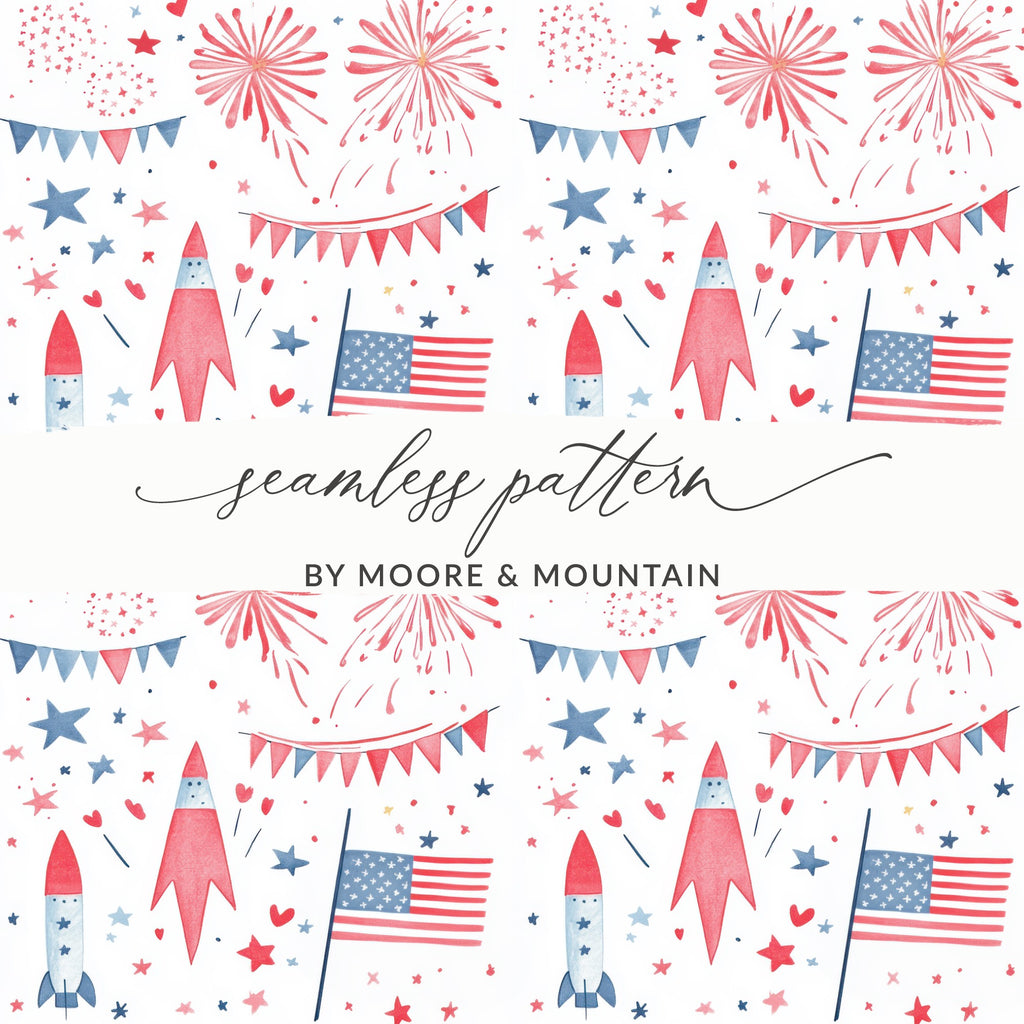 American Flag Rocket and Fireworks Seamless Pattern