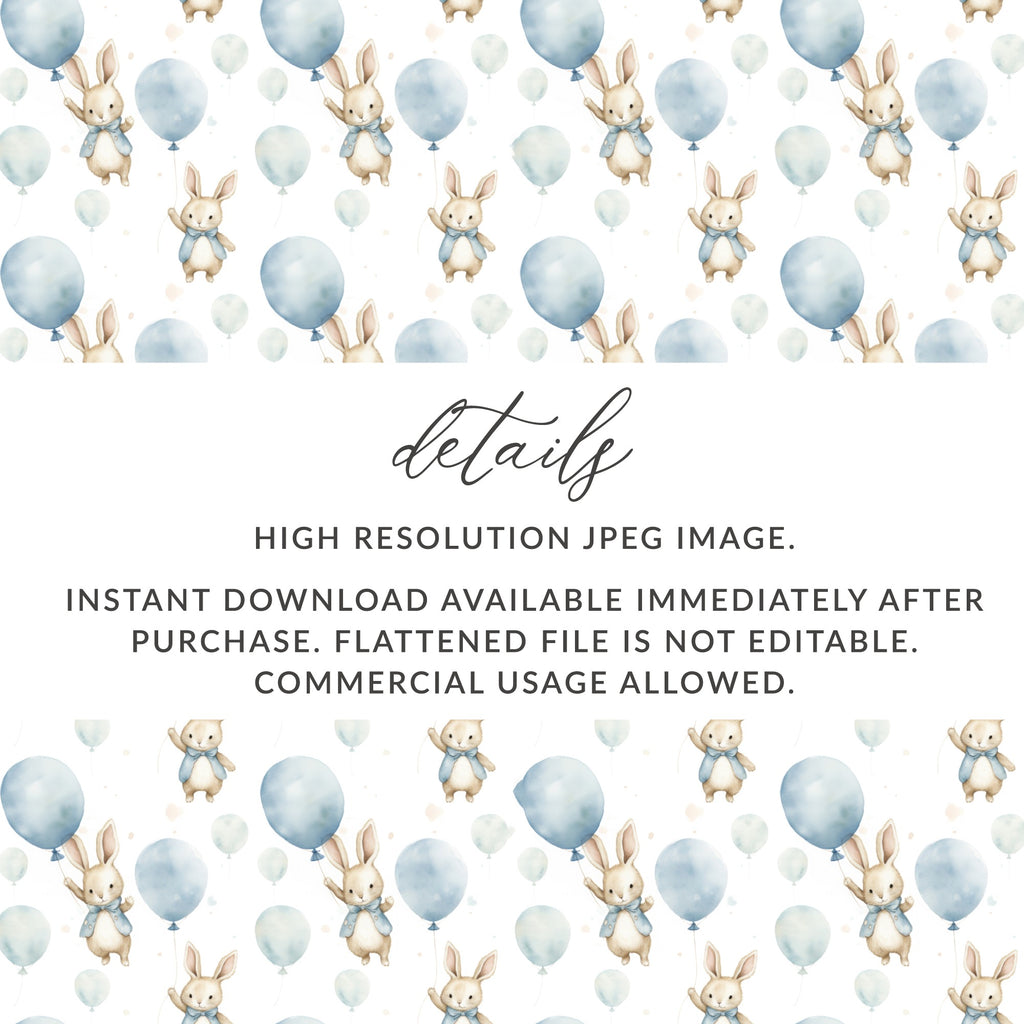 Blue Balloons with Bunny Instant Download JPEG Image