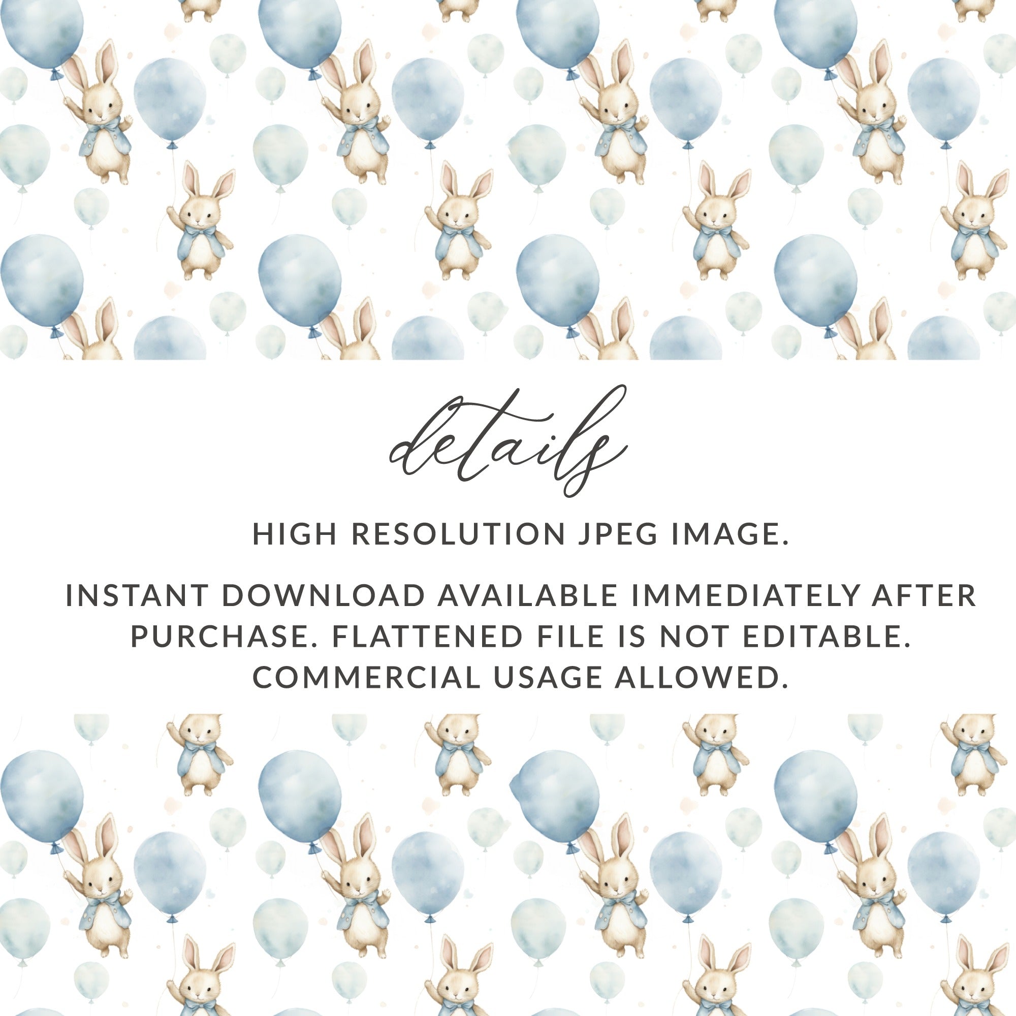 Blue Balloons with Bunny Instant Download JPEG Image