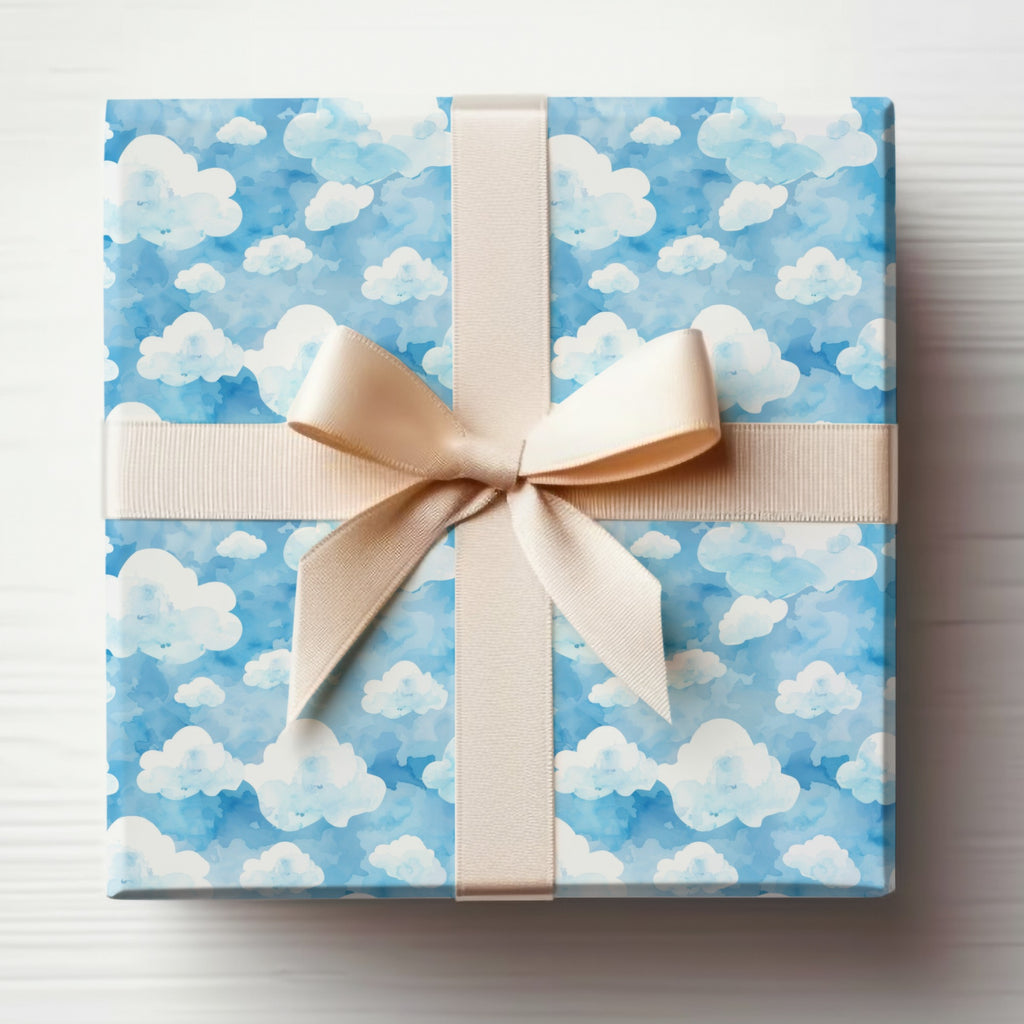 Blue Cloud Pattern Gift Wrap Paper with Cream Ribbon