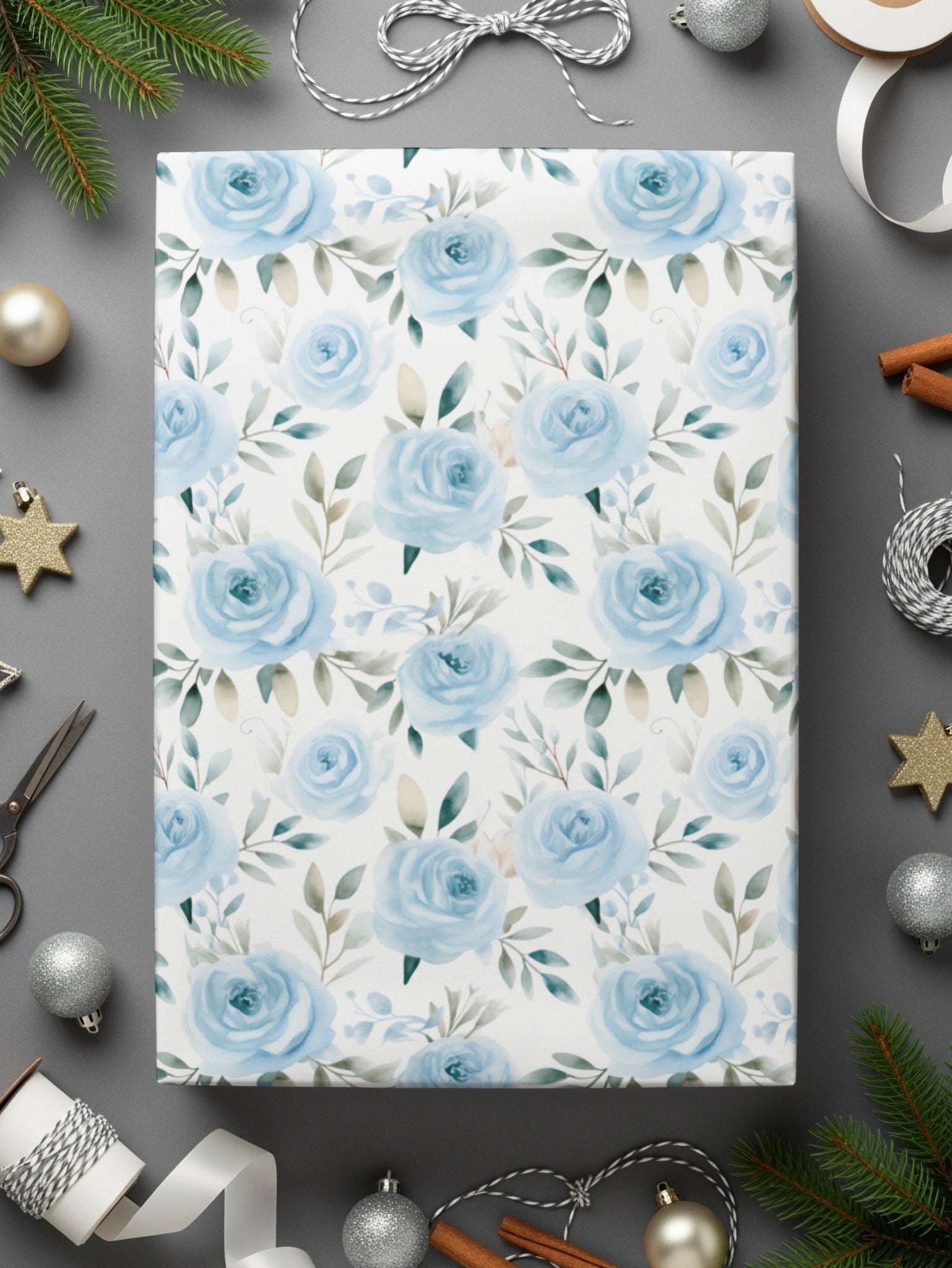 Elegant Blue Rose Floral Pattern Gift Wrap Paper