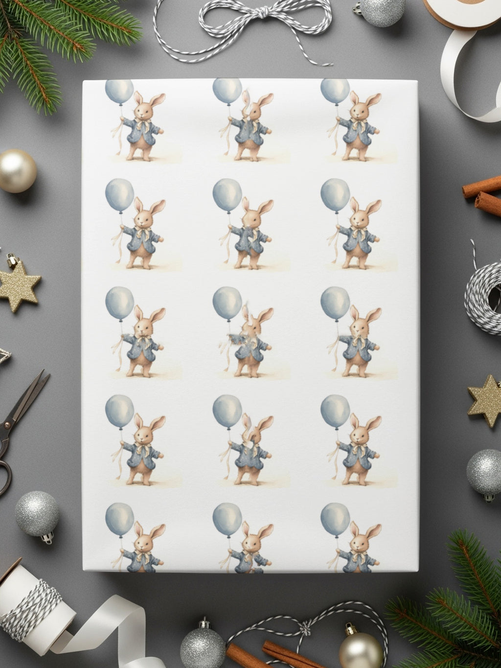 Cute Bunny Holding Blue Balloon Patterned Wrapping Paper