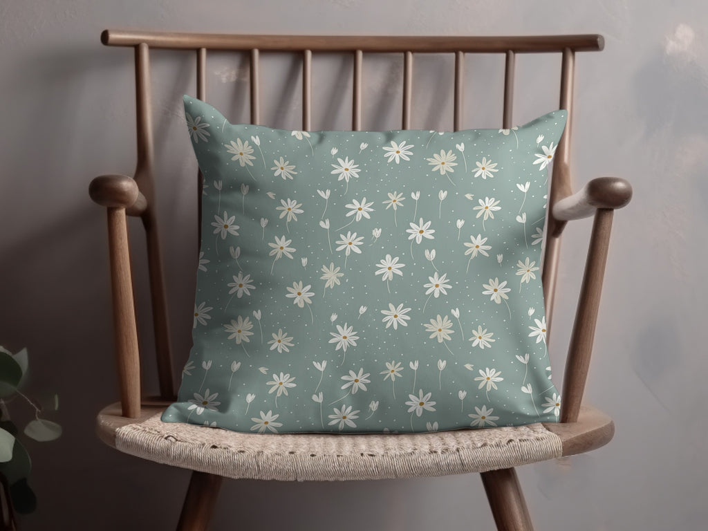 Decorative Pillow with White Daisies on Mint Background