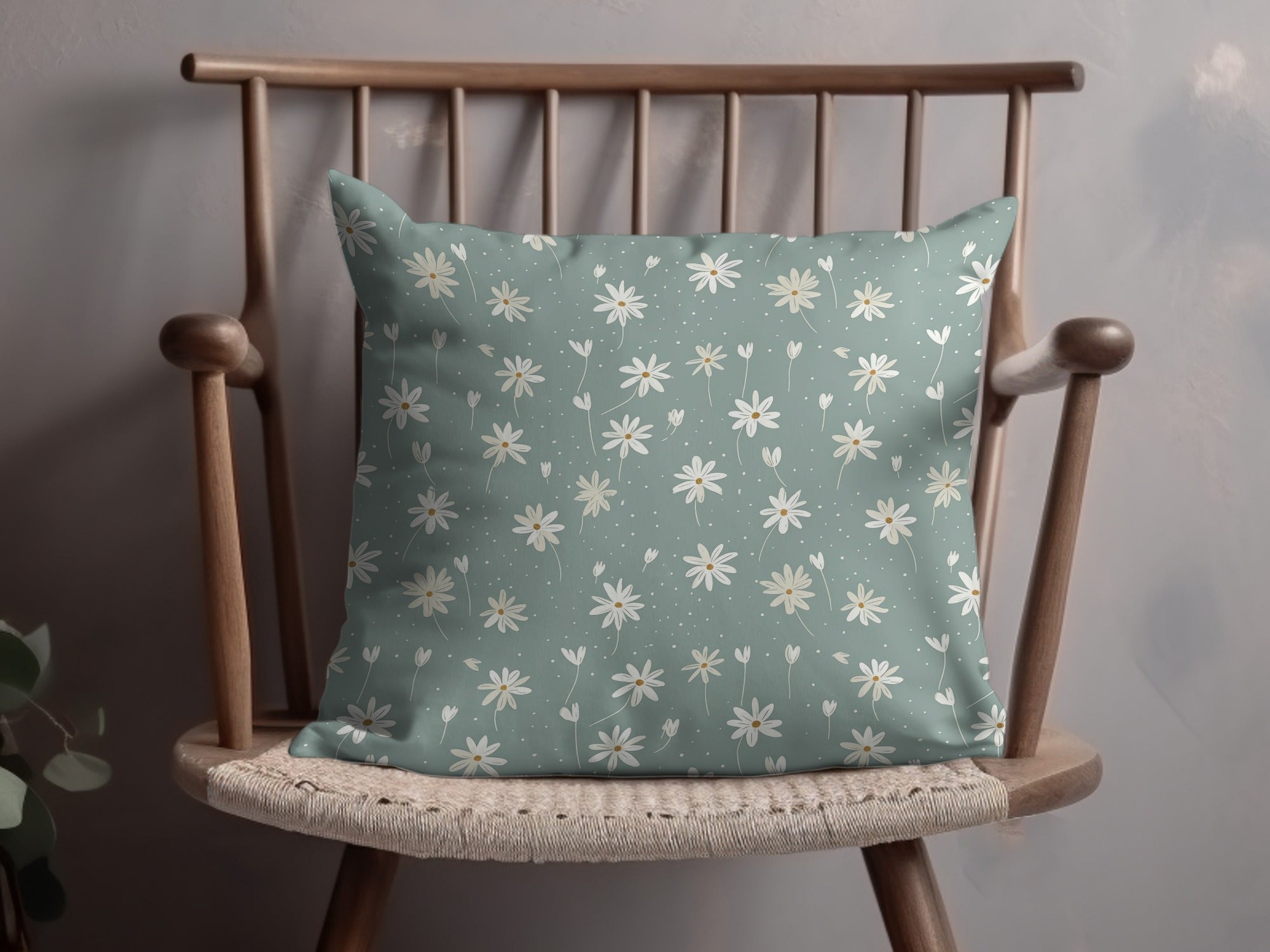 Decorative Pillow with White Daisies on Mint Background