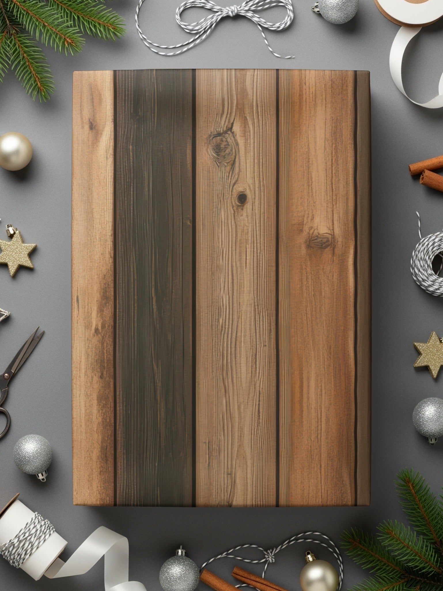 Rustic Wooden Holiday Gift Box with Decorations
