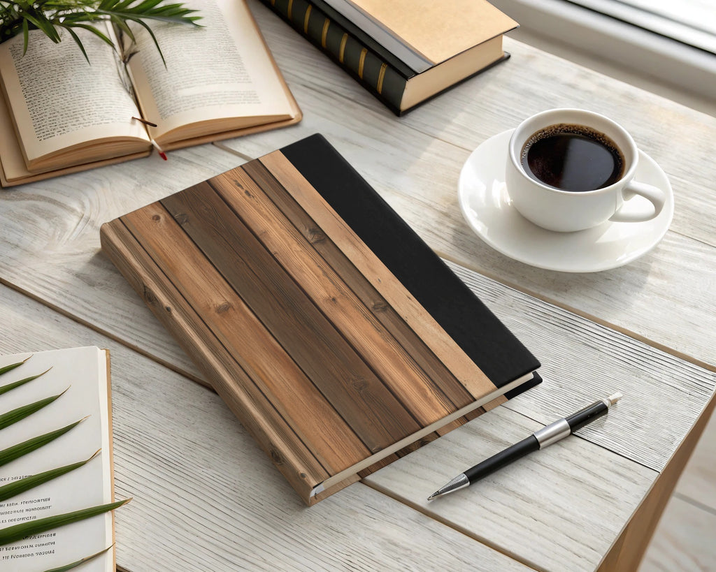 Rustic Wood and Black Color Block Design Notebook
