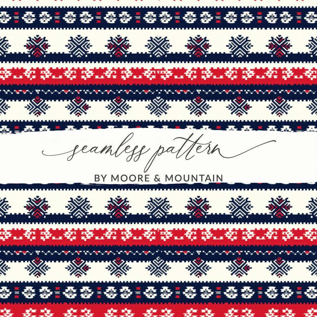 Seamless Nordic Pattern Digital Paper, Scandinavian Design Print, Red Blue Digital Pattern, Holiday Texture, Festive Digital Texture - Moore and Mountain