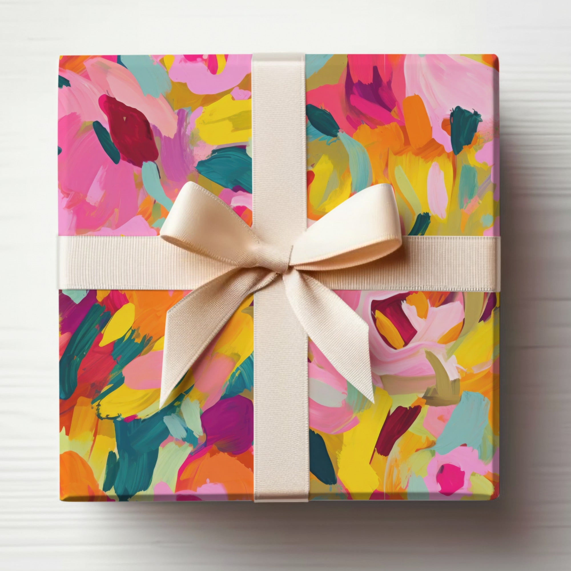 Vibrant Abstract Floral Gift Wrap with Beige Ribbon Packaging