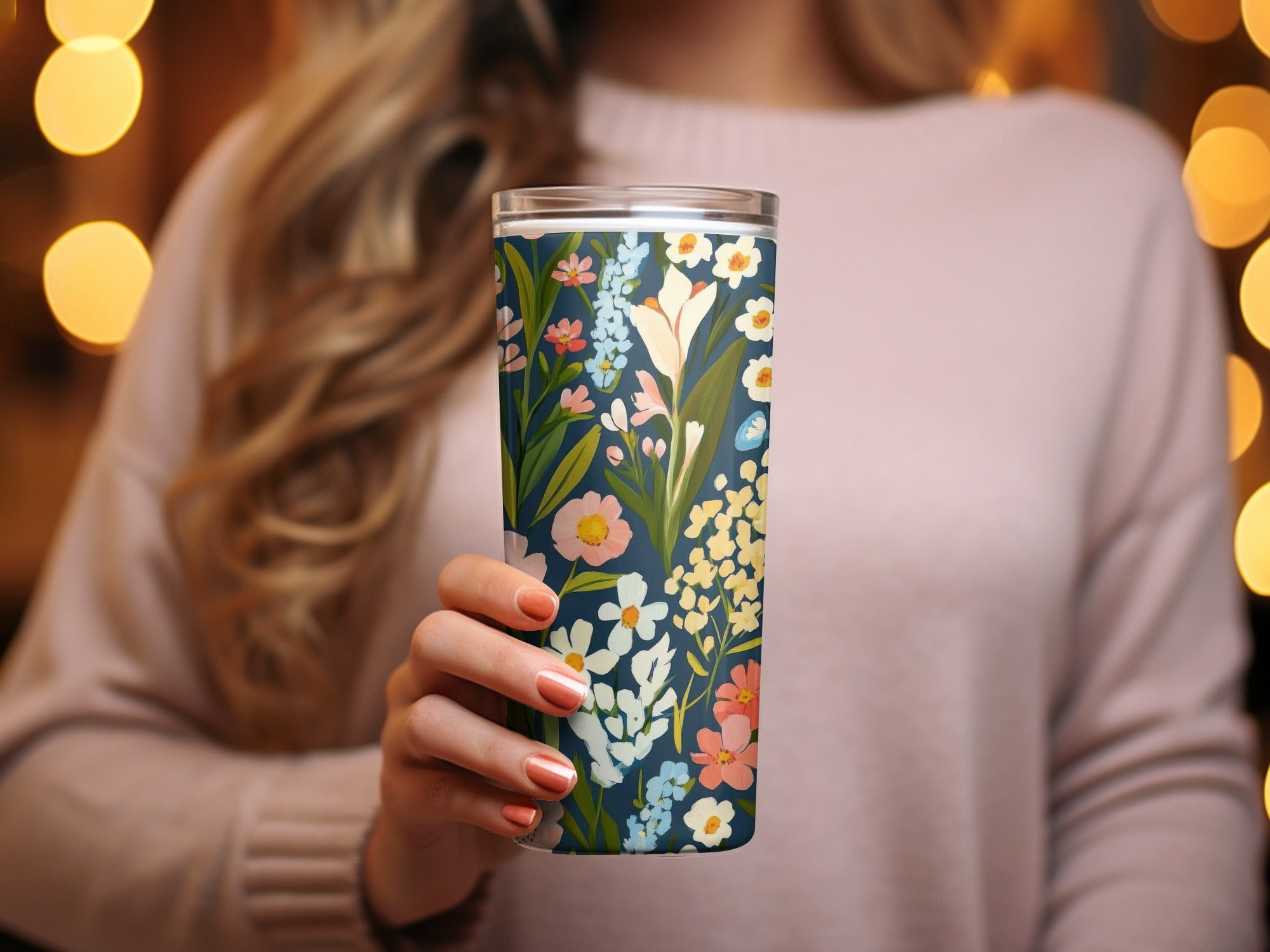 Vibrant Floral Design Travel Tumbler with Lid Cup