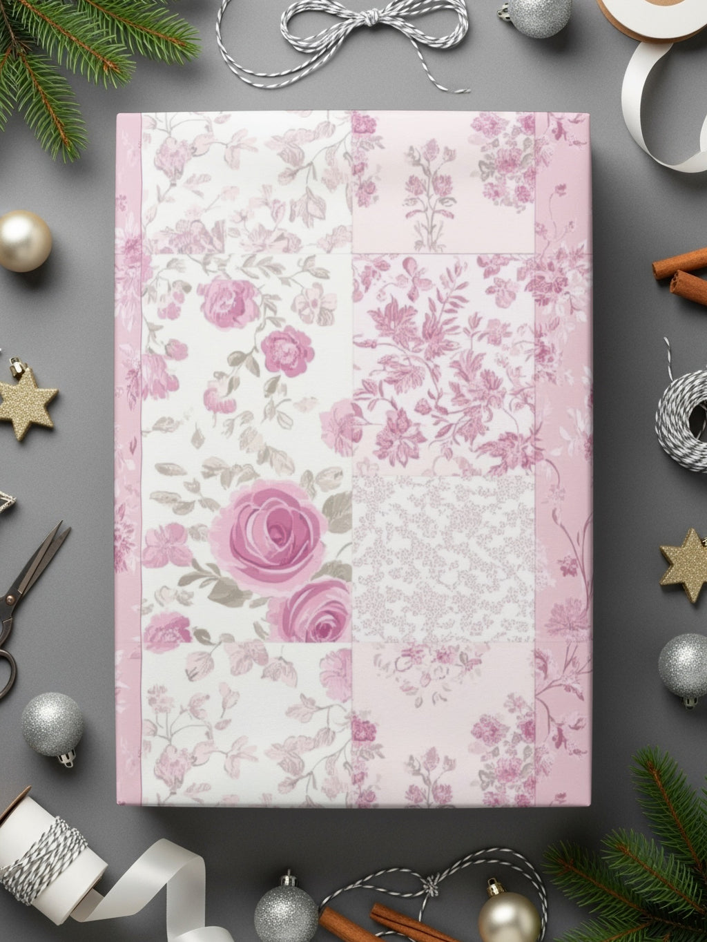 Pink Rose Floral Patchwork Gift Wrap Paper