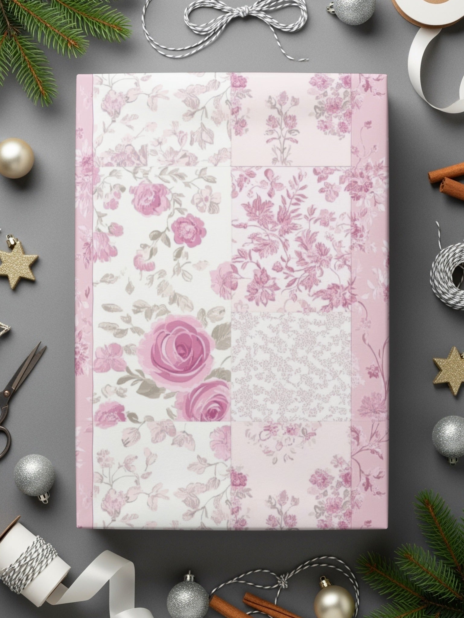 Pink Rose Floral Patchwork Gift Wrap Paper