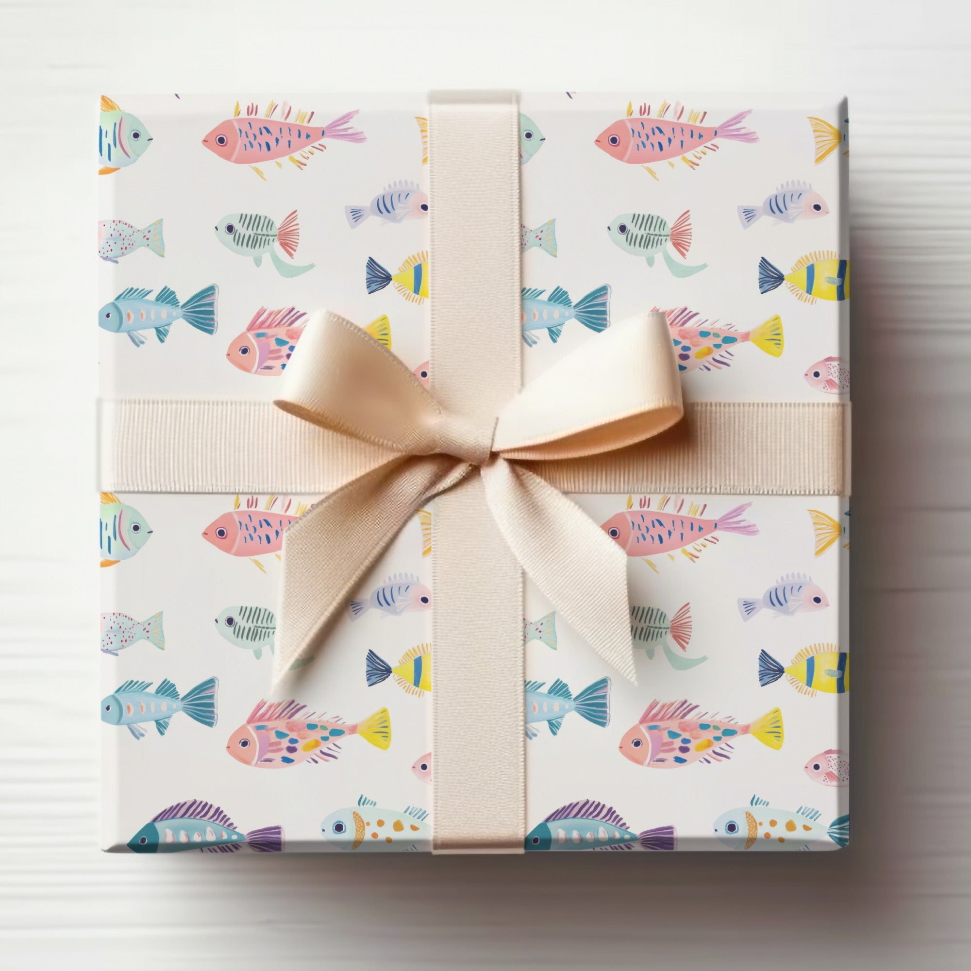 Colorful Fish Patterned Gift Wrap with Ribbon Bow