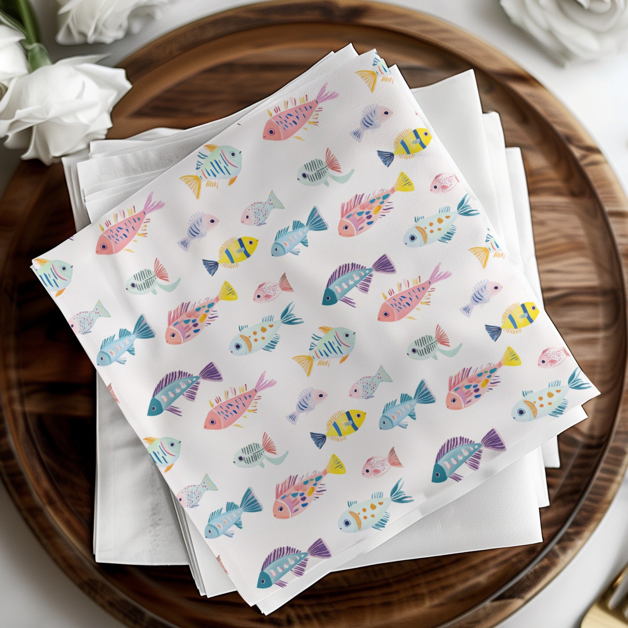 Colorful Fish Pattern on White Background Napkin Set
