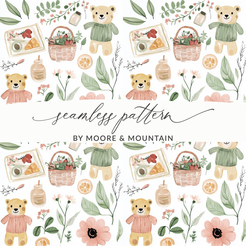 Seamless Pattern Bears and Picnic Elements Design