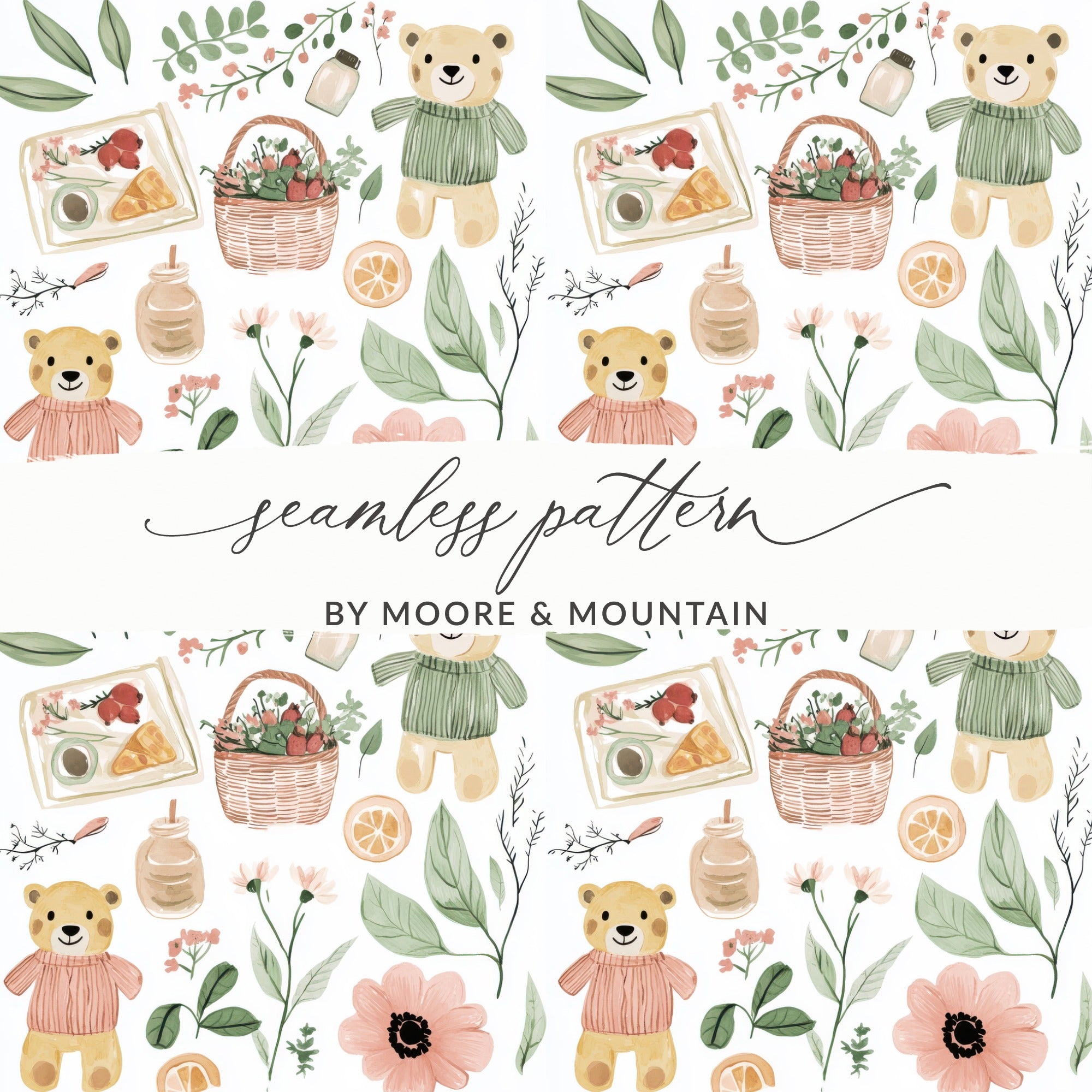 Seamless Pattern Bears and Picnic Elements Design