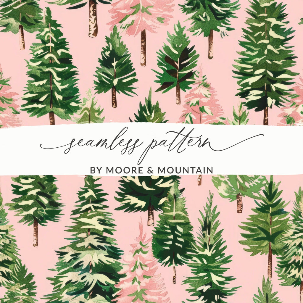 Pink Christmas Tree T-Shirt, Digital Art, Winter Forest Seamless Pattern, Holiday Design, Festive Gift, Christmas Decor, Unique Art - Moore and Mountain