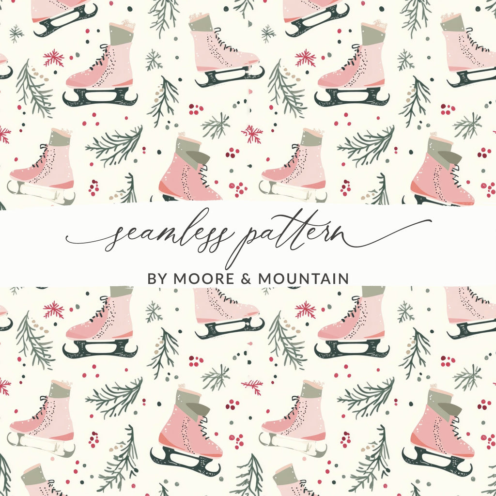 Pink Ice Skates and Winter Botanicals Seamless Pattern