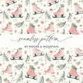 Pink Ice Skates and Winter Botanicals Seamless Pattern