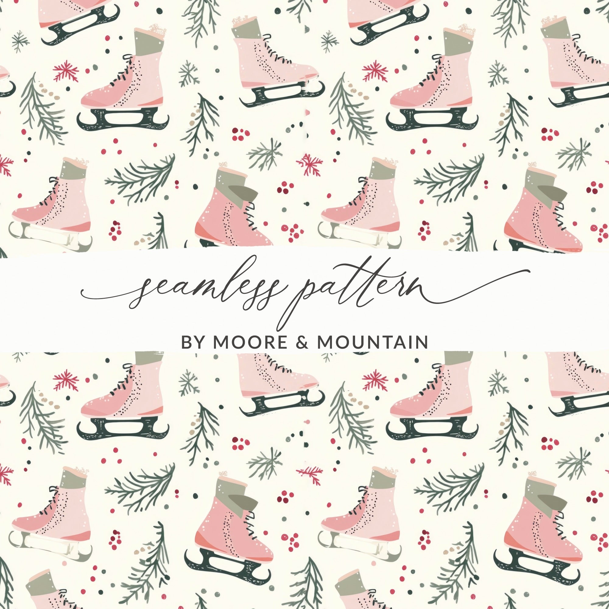 Pink Ice Skates and Winter Botanicals Seamless Pattern