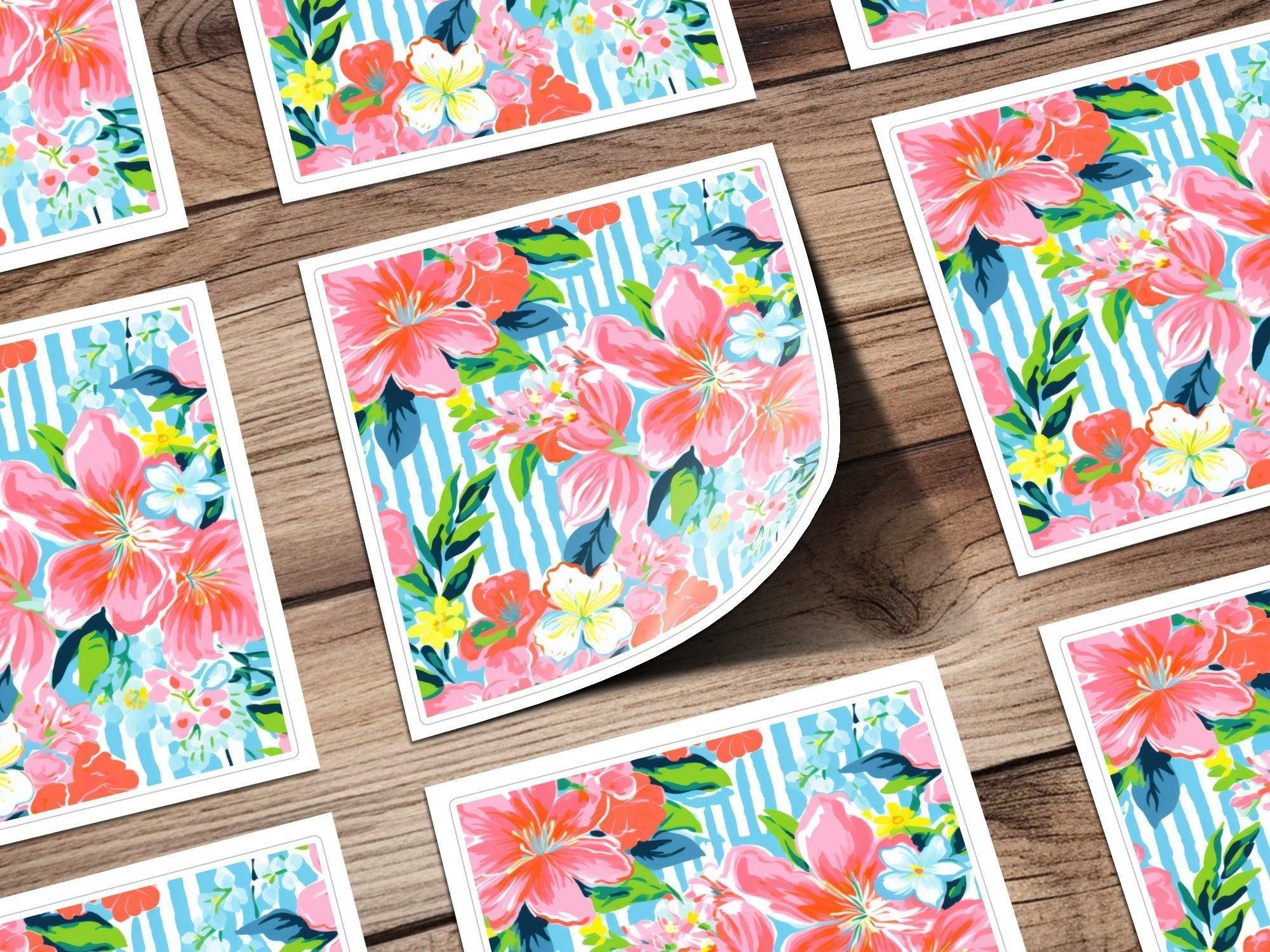 Pink Floral Seamless Pattern Digital Paper, Tropical Flower Print, Colorful Stripe Background, Flower Fabric Design, Girly Wallpaper - Moore and Mountain