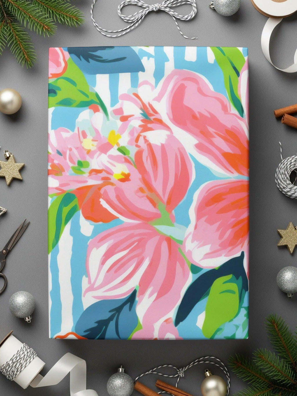 Pink Floral Seamless Pattern Digital Paper, Tropical Flower Print, Colorful Stripe Background, Flower Fabric Design, Girly Wallpaper - Moore and Mountain