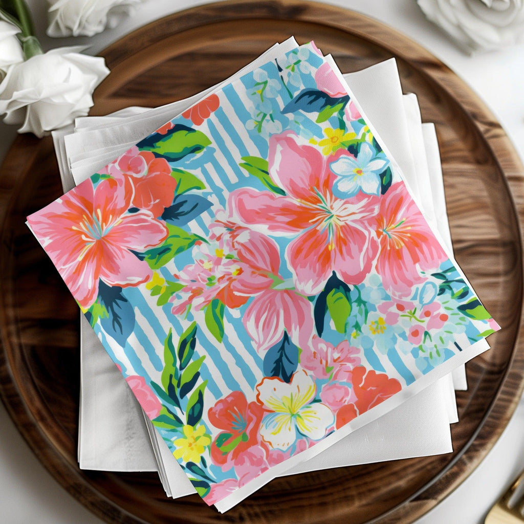 Pink Floral Seamless Pattern Digital Paper, Tropical Flower Print, Colorful Stripe Background, Flower Fabric Design, Girly Wallpaper - Moore and Mountain