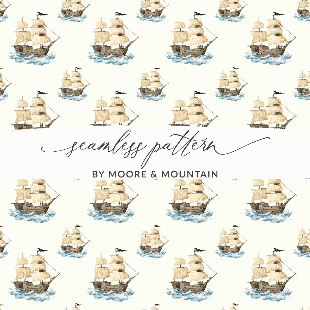 Sailing Ship T-Shirt, Nautical Digital Paper, Seamless Pirate Ship Pattern, Ocean Themed T Shirt Design, Seascape Wallpaper, Boat Digital - Moore and Mountain