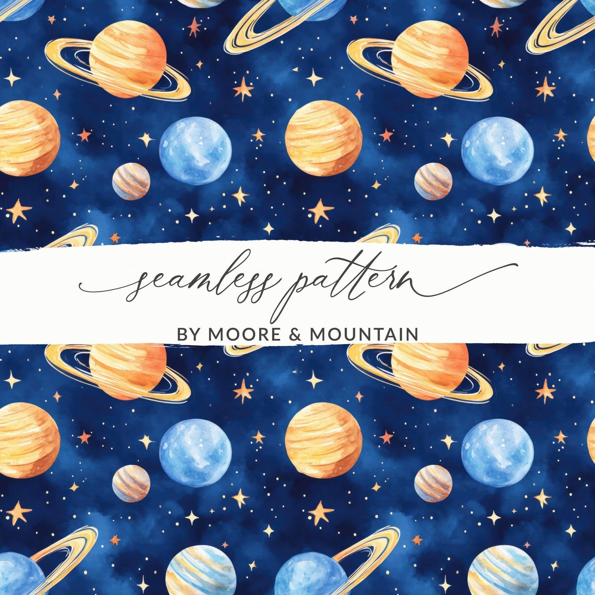 Seamless Space Pattern Digital Download, Watercolor Planets Stars Texture, Galaxy Celestial Design, Printable Paper, Fabric Pattern - Moore and Mountain