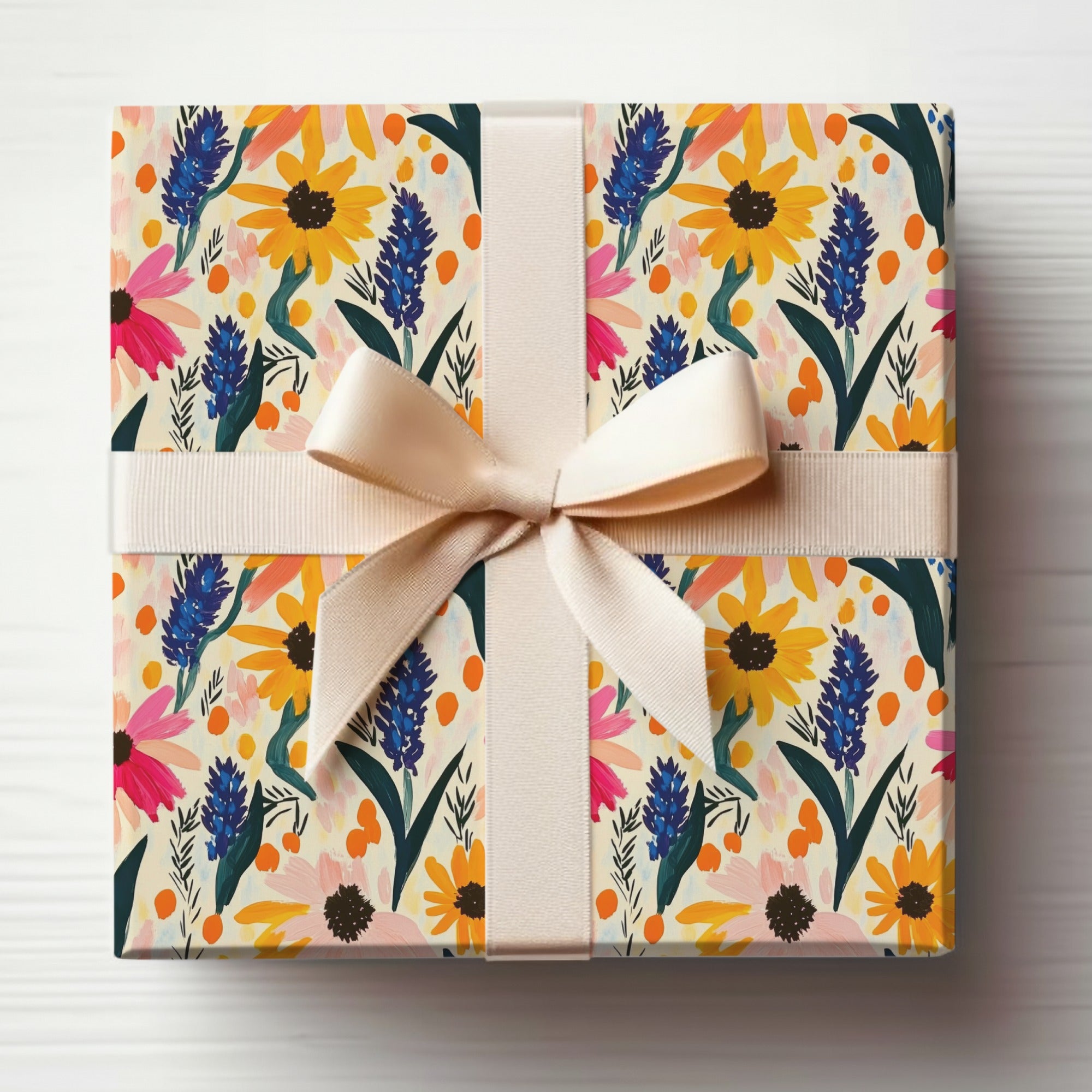 Vibrant Floral Gift Wrap with Elegant Ribbon Design