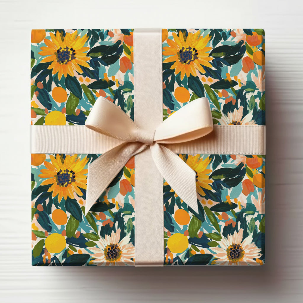 Sunflower and Floral Gift Wrap with Cream Ribbon