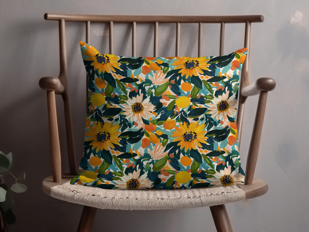 Vibrant Floral Cushion with Sunflowers and Greenery