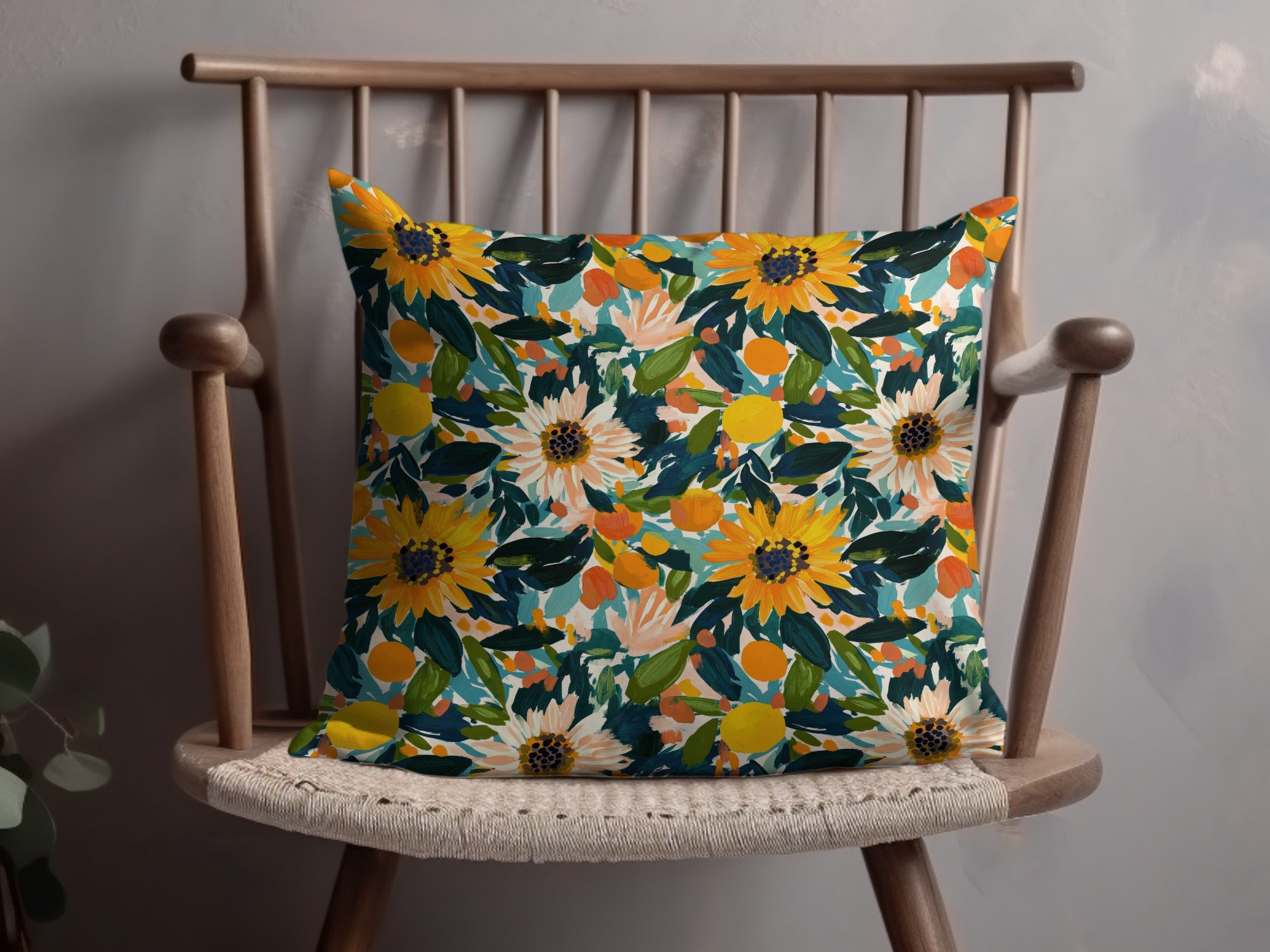 Vibrant Floral Cushion with Sunflowers and Greenery