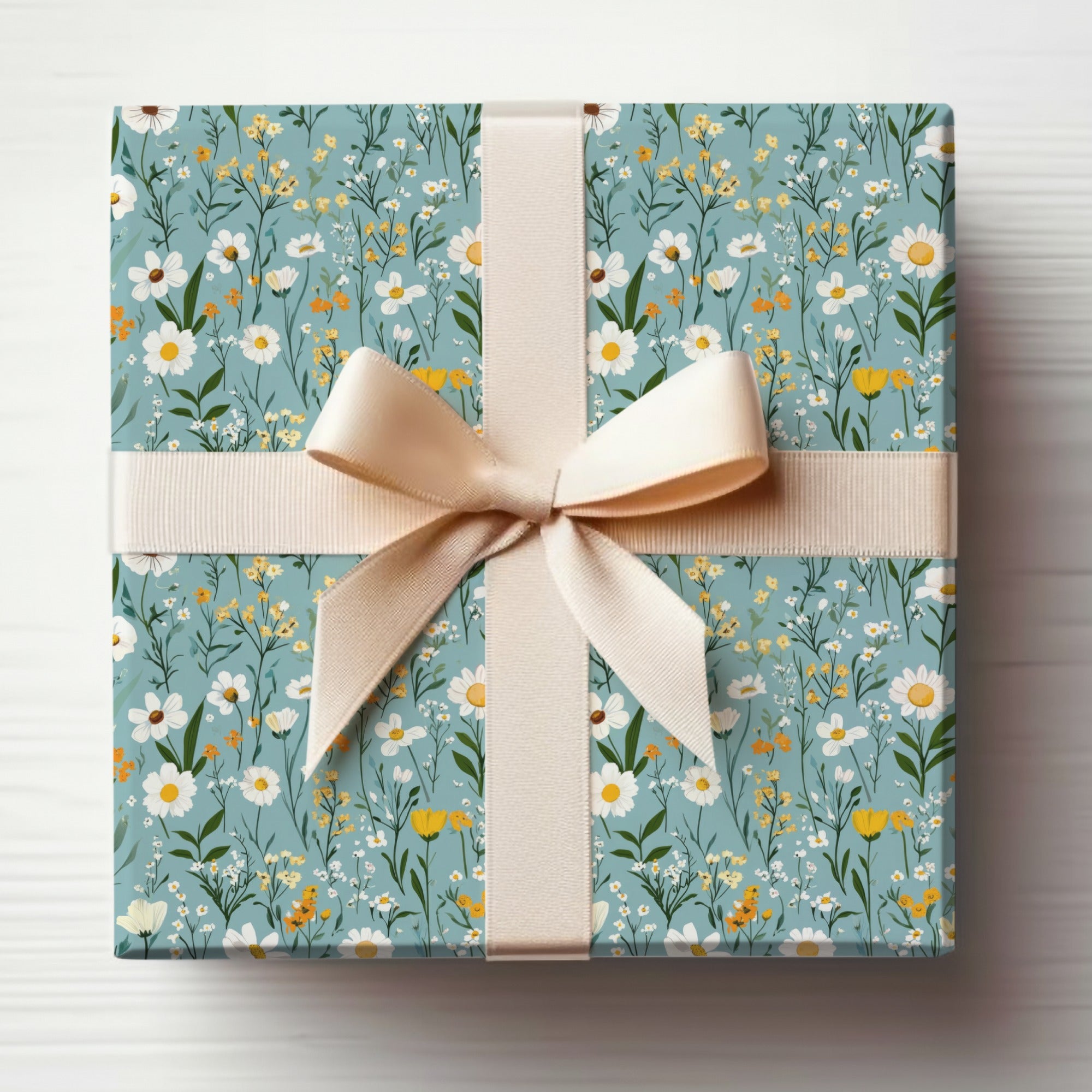 Elegant Floral Gift Box with Cream Ribbon Wrapping