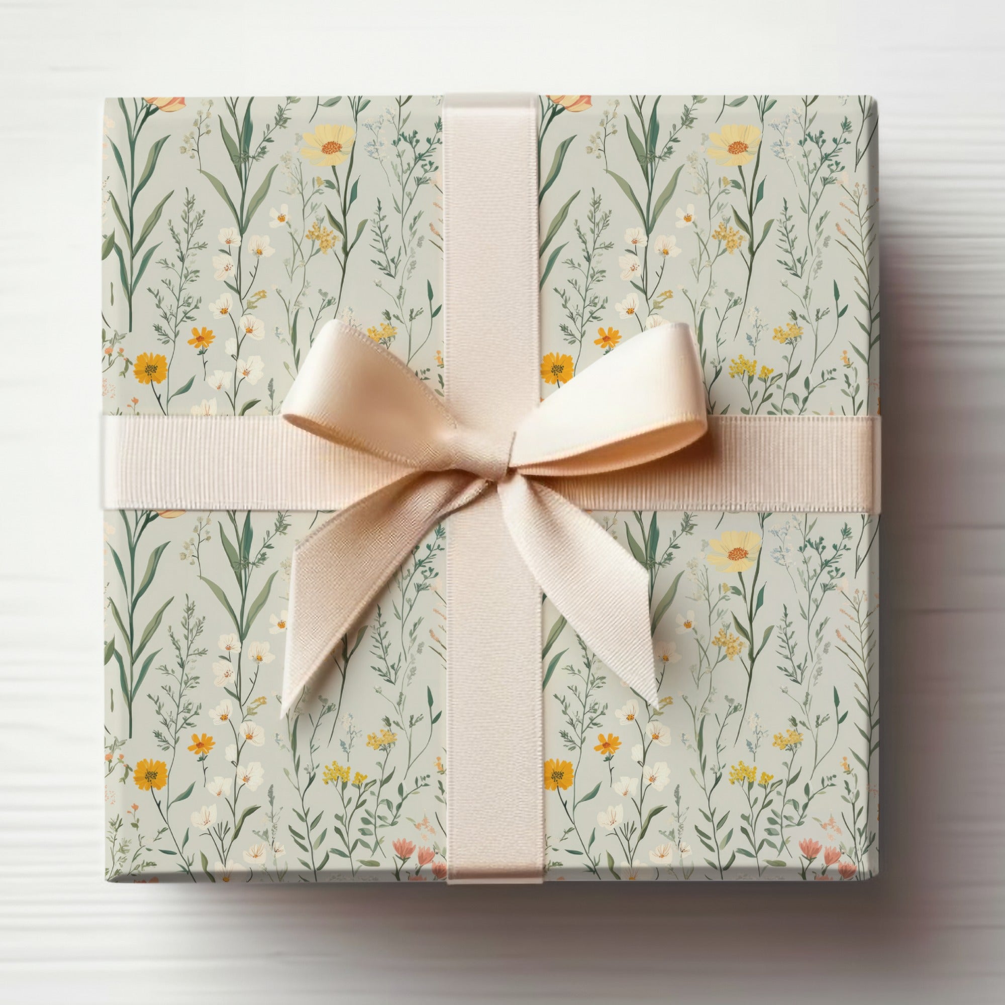 Floral Gift Wrap with Beige Ribbon Packaging Design