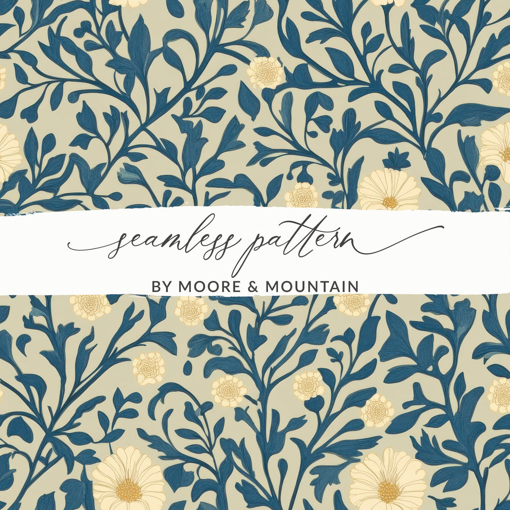Seamless William Morris Vines Background Blue Beige Digital - Moore and Mountain