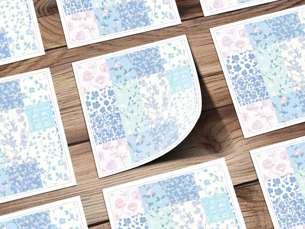 Blue and Pink Floral Patchwork Design Artwork Print