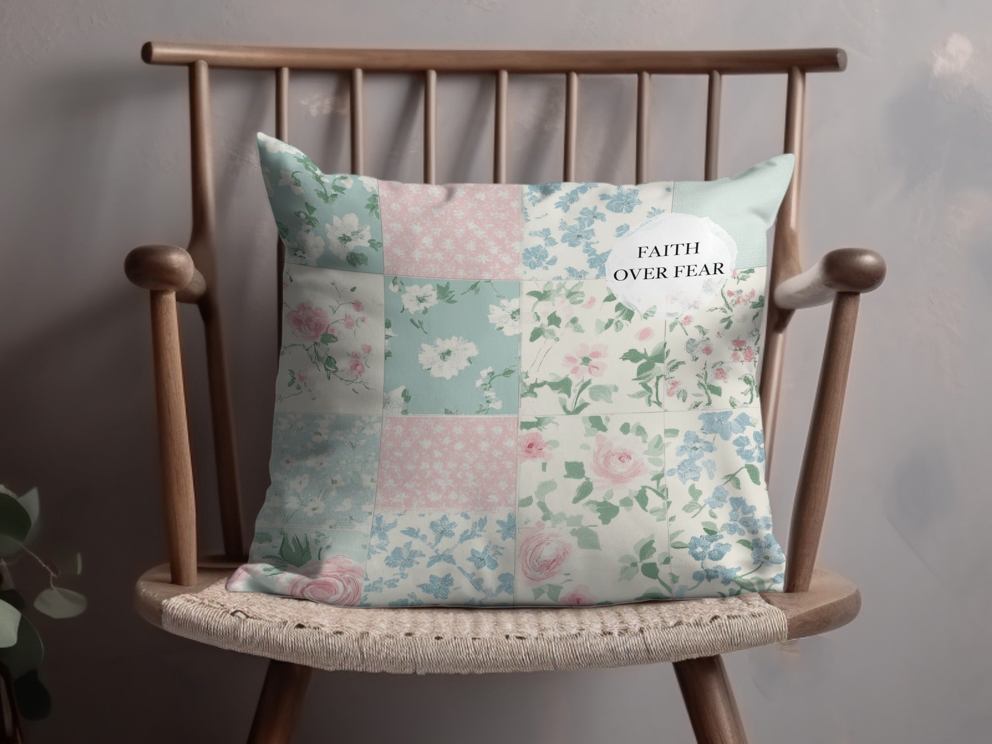 Faith Over Fear Floral Patchwork Pattern Pillow