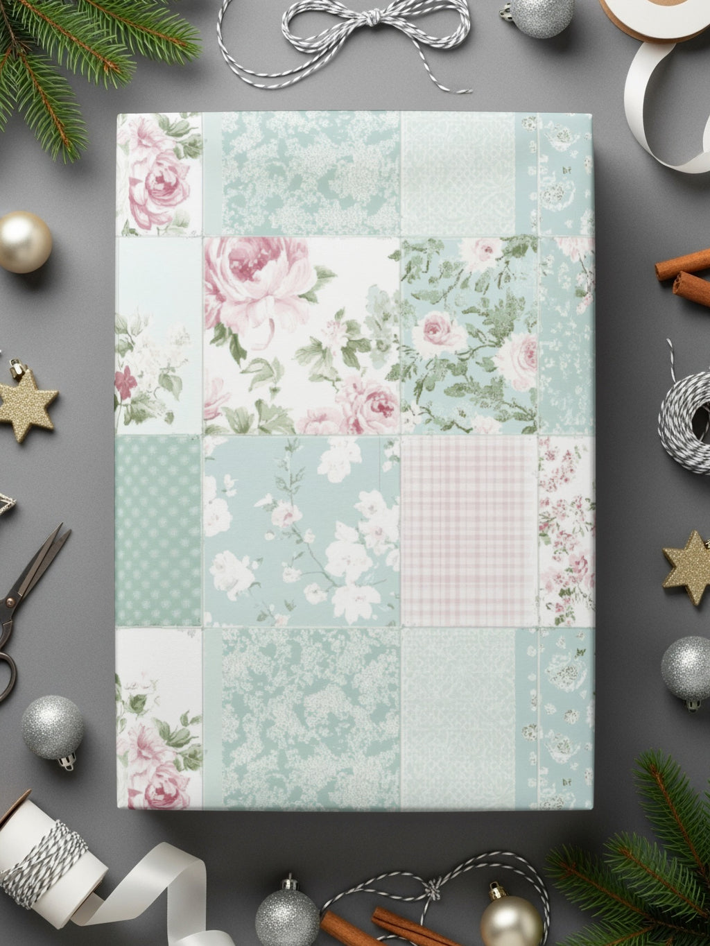 Elegant Floral and Patchwork Design Wrapping Paper