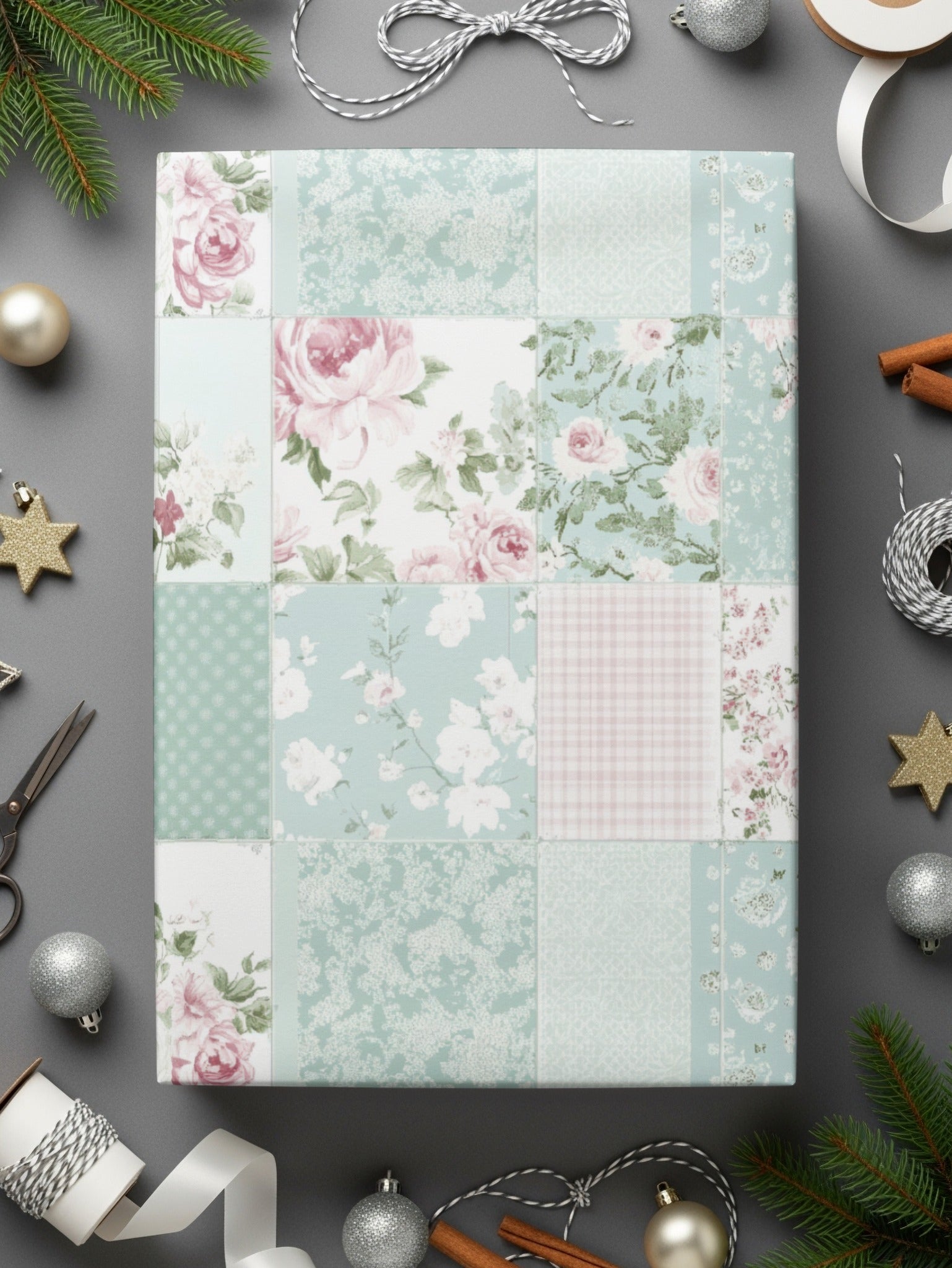 Elegant Floral and Patchwork Design Wrapping Paper