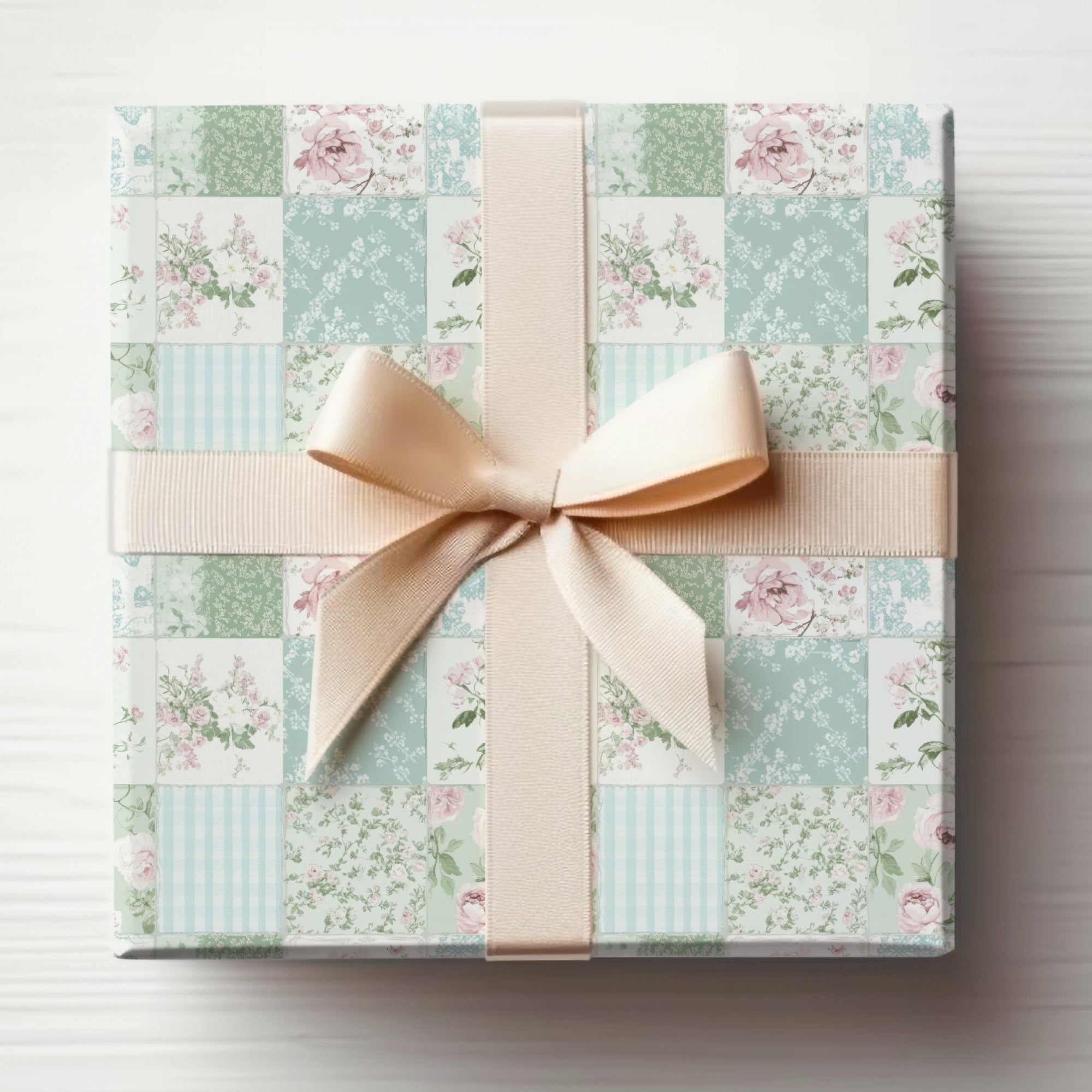 Vintage Floral Pattern Gift Box with Cream Ribbon